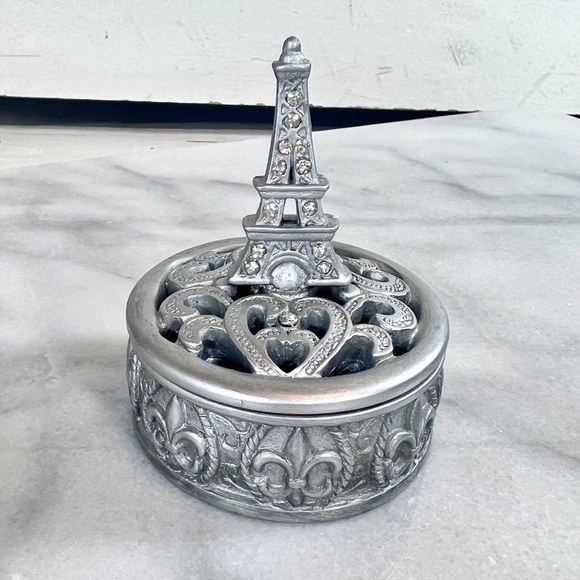 Brushed Silver & Crystal Accented Eiffel Tower Trinket Box - Picture 1 of 4